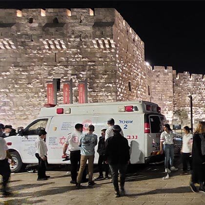 MDA ambulance targeted by Hamas on October 7 now on display at Jaffa Gate in Jerusalem.