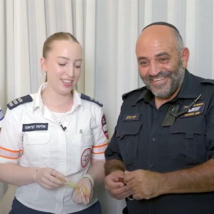 After saving his life on Oct. 7, MDA paramedic Alisa Krant reunited with policeman Rami Cohen.